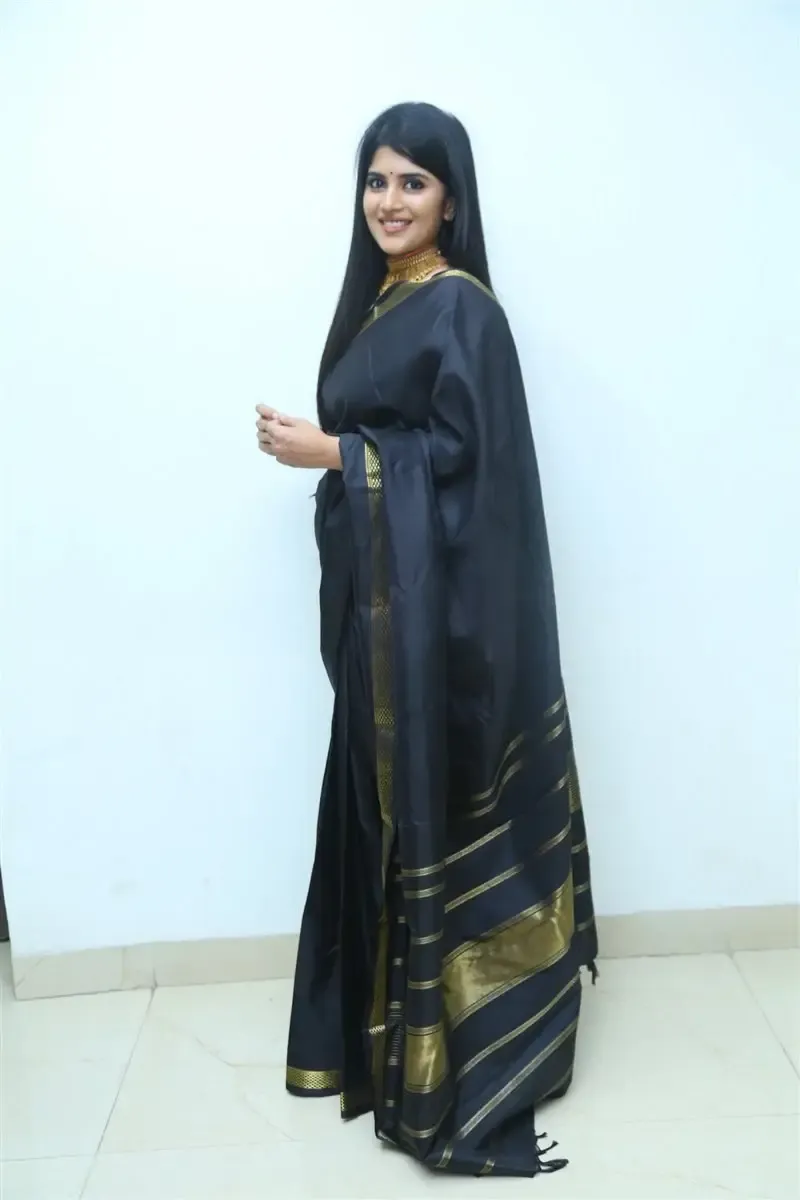 Megha Akash in Black Saree at Manu Charitra Telugu Movie Trailer Launch